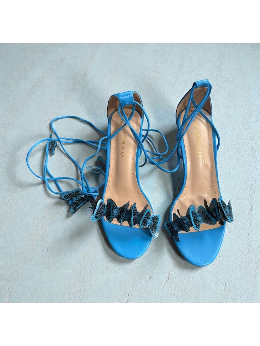 SHOE REPUBLIC LA Blue Butterfly Lace Up Sandals Heels Size 9